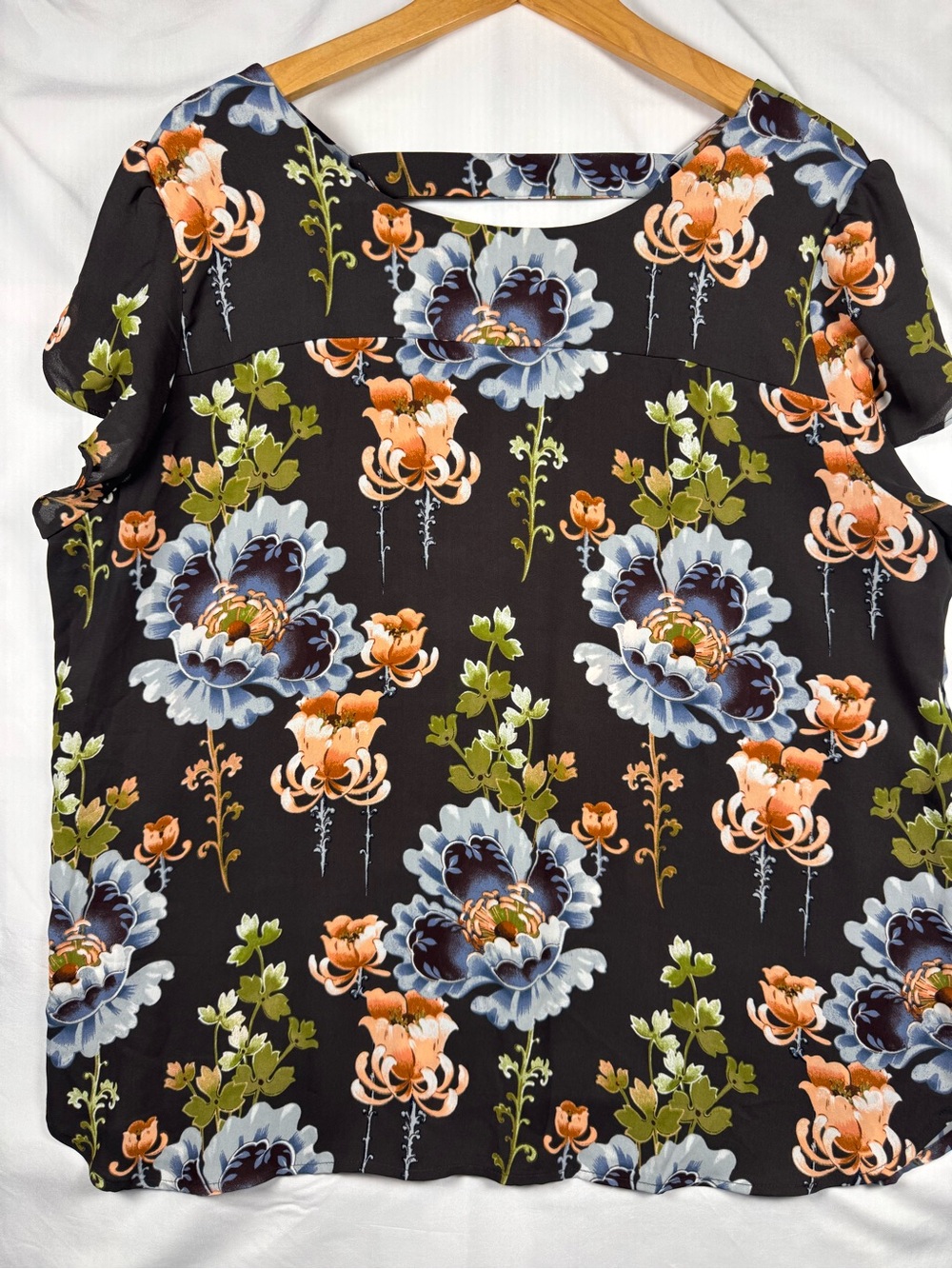 LOFT Black Floral Short-Sleeve Blouse with Peach and Blue Flowers